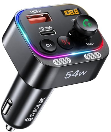Bluetooth 5.4 FM-sändare biladapter 54 W (PD 36 W och 18 W) [starkare dubbla mikrofoner] [ljusströmbrytare] [HiFi-basljud] [snabbladdning] trådlös radiomottagare handsfree samtal LED-skärm