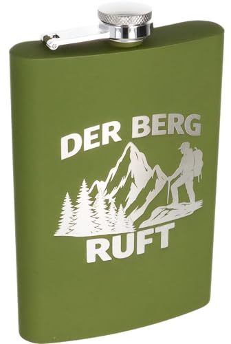 Flachmann Edelstahl 266 ml (9 oz)–Soft Touch Silikonbeschichtung|Lasergravur dauerhaft|Auslaufsicher|Geschenk für Männer & Frauen|Outdoor|JGA|Wandern|Party (Der Berg ruft - grün)
