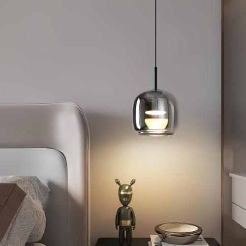 AHQX Moderne Minimalistische Glas Pendelleuchte LED Hängelampe Dimmbare Esstischlampe Höhenverstellbar Innenbeleuchtung Für Restaurant Kücheninsel Bartresen Schlafzimmer(Smoky grey,Style A26cm)
