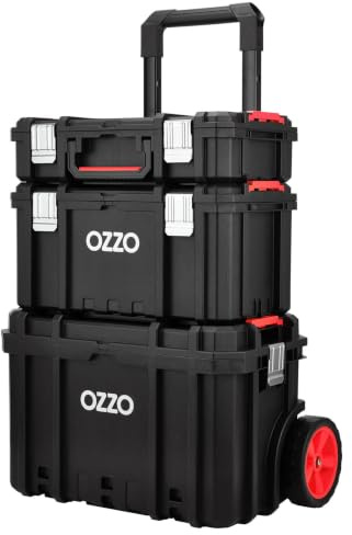 OZZO Stack N' Go Tool Box on Wheels | Stacking Tool Organisers with 70kg Capacity, Durable All-Terrain Wheels and Ergonomic Handle, and Secure Interlocking Design