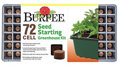 Burpee Greenhouse Indoor Starting Herbs, Flowers and Vegetables | Includes Dome, Watering, Seed Starter Tray, Coir Pellets | 10 W x 20 L x 5 H, One Size, 1 Kit (72 Cells)
