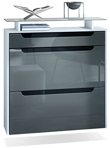 Vladon Schuhschrank Annie, Schuhkipper für 16 Paar Schuhe mit 2 Klappen, 1 Schublade und Glasablage, Weiß matt/Grau Hochglanz/Schwarz Hochglanz (89 x 96 x 23 cm)