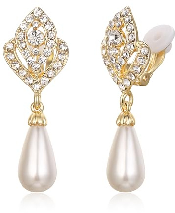 EVER FAITH Boucles d'Oreilles Pendantes Clip Perle Fleur Cristal Femme Mariage Strass Ton d'Or Clair