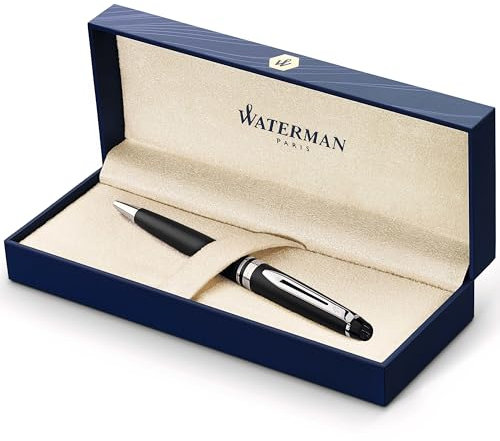 Waterman Expert Kugelschreiber | Mattschwarz | Chromzierteile | Mittlere Spitze | Blaue Tinte | Geschenkbox