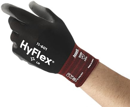 Ansell HyFlex 11-601 Guantes de Trabajo Finos, Alta Precisión Táctil, Forro Elástico con Revestimento de Poliuretano, Protección Multiusos, Bricolaje y Mecánica, Negro, Talla M (12 Pares)