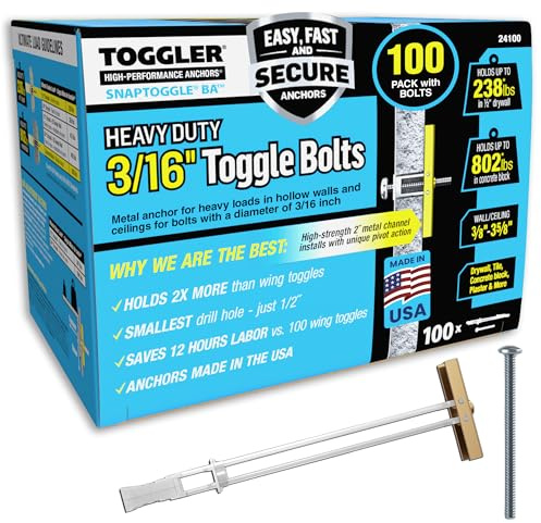 TOGGLER SNAPTOGGLE Heavy-Duty Drywall Toggle Bolt – 3/16-24 UNC Zinc-Plated Anchor for Hollow Walls, Plaster & Tile – Holds 238 lbs in 1/2 Drywall, Easy Install – 100 Pack (W/Roundhead Bolts)