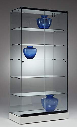 MHN Breite Ausstellungsvitrine ohne Rahmen - T 46 x B 90 x H 182 cm - Verkaufsvitrine Design Glasvitrine abschließbar - weiße Standvitrine mit Rollen - Ladenvitrine ohne Beleuchtung