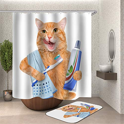 Chickw1 Tiere Duschvorhang Anti-Schimmel & Wasserdicht Antibakteriell 3D Drucken, 100% Polyester Karikatur Digitaldruck mit 12 Duschvorhangringe für Badezimmer (180x180cm,Katze)