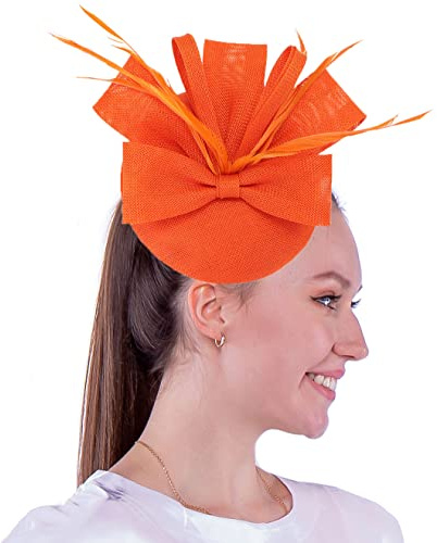 Coolwife Fascinators Pillbox Hut Schleife Fake Sinamay Feder Blume Derby Ball Hochzeit Kirche Party Kirche Hut, A Orange, Einheitsgröße