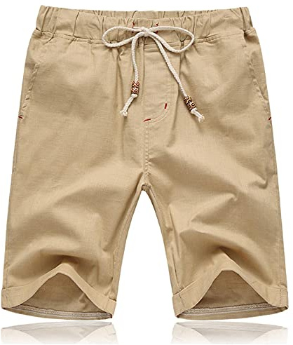 JustSun Mens Shorts with Pockets Casual Summer Shorts Elasticated Waist Linen Khaki L