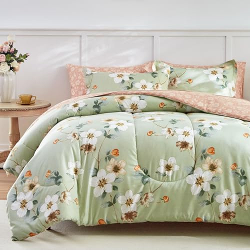 AIKASY 7 Piece Floral Comforter Set Queen Size - Soft Microfiber Bed in a Bag with Sheet Set for All Seasons - Green Flower Botanical Design - Reversible Bedding Set