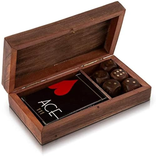 Einzigartige Geburtstagsgeschenkideen, handgefertigter klassischer hölzerner Spielkartenhalter, Deck-Box, Aufbewahrungsbox, Organizer mit Würfel und Einzelpackung hochwertiger „Ace“-Spielkarten