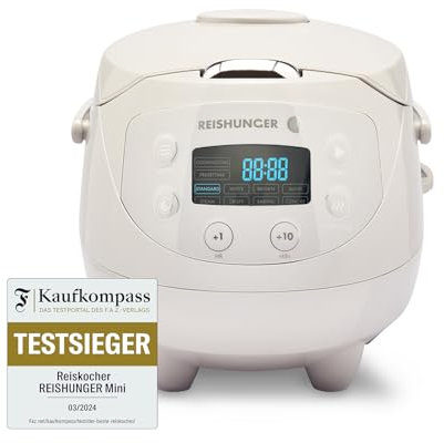 Reishunger Mini Olla Arrocera Eléctrica y Vaporera en Gris hasta 3 Personas (0.6 l) – Hervidor de Arroz con 8 Programas - Con Pantalla LED y Función Automática de Mantenimiento del Calor