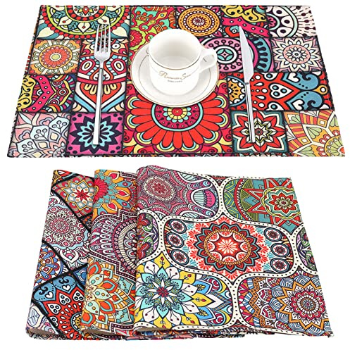 Set de Table Boho Mandala Décoratif Lin Résistant à l'eau Ethnique Style Bohème Fleur Cachemire Lavable pour Cuisine Salle à Manger Lot de 4 45 x 32 cm