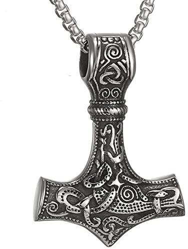 AFSTALR Wikinger Schmuck Herren Halskette Thors Hammer Halskette - Nordische Mythologie Mjolnir Wikinger Runen Hammer Edelstahl kette Viking Geschenke für Männer 50/60/70cm Silber/Schwarze/Gold