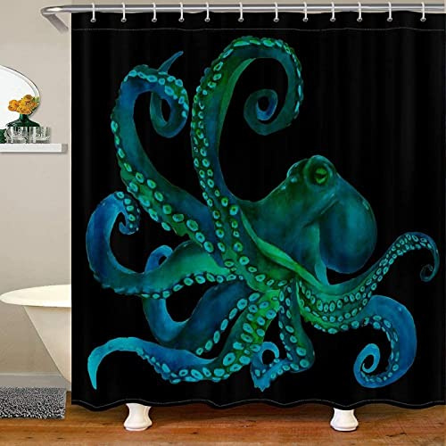 RAMOTE Duschvorhang 120x200 Grüner Oktopus, Duschvorhänge Antischimmel 3D Krake, Shower Curtains Wasserdicht Waschbar, Duschrollo für Badewanne Dusche Badezimmer, mit 8 Ringe