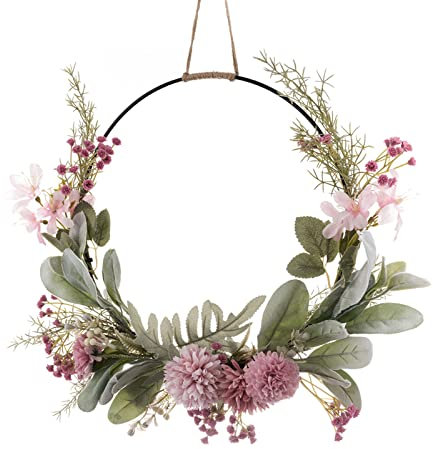 ZHDOKA 40,6 cm großer Metallreifenkranz, schicke künstliche Chrysanthemen/Dahlien/Orchidee, floraler Reifenkranz mit Blättern, einfache rustikale Hochzeits-Bauernhaus-Dekoration, Kranz für