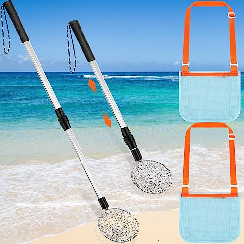 Zhehao 4 Pack Shelling Tools for Beach Include 2 Pcs Shark Tooth Sifter and 2 Pcs Seashell Bag Sand Sifter with Long Adjustable Handle Adults Boys Girls Summer Beach Toys