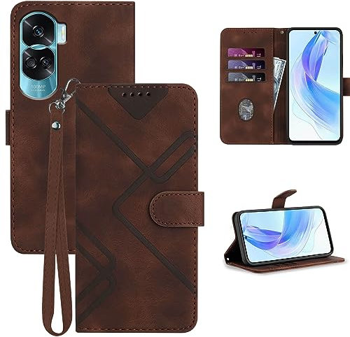GOTOURED for Honor 90 Lite Phone Case Wallet, Card Holder Leather, Wrist Strap, Magnetic Closure, Kickstand, Shockproof Protective Pattern Flip Cover (Brown)