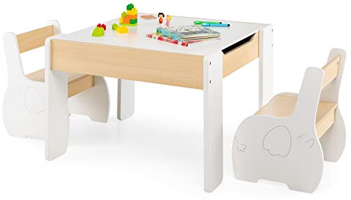 GOPLUS Barnbord med 2 stolar, 3 delar barnstolsgrupp trä, barnmöbler med avtagbar bordsskiva och bekväm sits, målbord för barnrum, dagis, sittgrupp för barn från 3 år (vit)