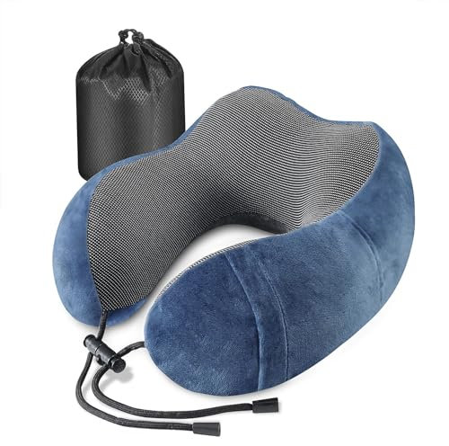 Emwel Nackenkissen Flugzeug, Reisekissen Memory Foam, Ergonomisch Gestaltetes Nackenhörnchen, Nackenkissen Reise, Reise Gadgets,Ideal für Reisen, Flugzeug, Auto, Büro-Blue