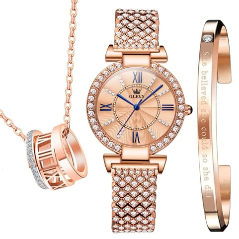 OLEVS Uhren Das neue fließende Sanduhr-Zifferblatt Set Geschenke für Damen, Uhr Halsketten Set Armbänder 3 Stück für, Classic