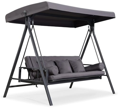 PURPLE LEAF Hollywoodschaukel mit Liegefunktion 3 Sitzer UV-Schutz, Grau | Gartenschaukel Aluminium, Rostbeständig, Robust und Langlebig, Wetterbeständige Materialien, Hochflexibles Sitzkissen