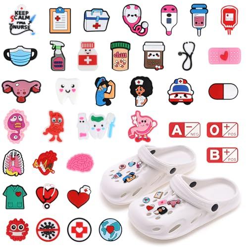 38 stycken skokontakter, medicinska skor charm för barn Crocs, skoplugg, skodekoration skohänge, sjuksköterska tillbehör för kvinnor och män träskor gör-det-själv dekorationer, Einheitsgröße, Gummi