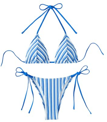 RoseSeek Women's 2 Piece Bikini Sets Halter Tie Side Triangle Swimsuit Striped Bathing Suit Blue X-Small