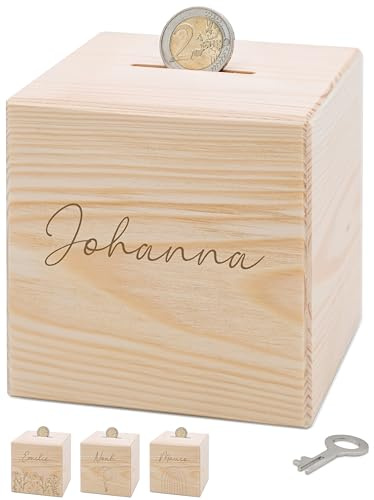 Bärenfreunde® - Personalisierte Spardose Kinder aus Holz mit Metallschloss - Spardose mit Namen mit präziser Gravur zum Sparen für Kinderträume (nur Name)