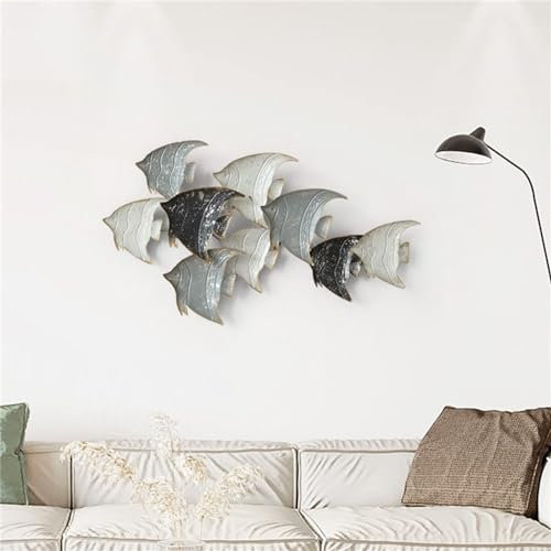 Wanddekoration aus Metall, Fisch, Meeresfisch, 66 x 38,1 cm, großer Schwarm von 9 Fischen, Wandkunst, 3D-Fisch-Wandskulptur, handbemalte Fisch-Hängedekoration für Wohnzimmer und Sc