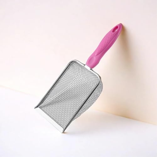 PlushPlumage Small Holes Cat Litter Scoop,Stainless Steel Mesh Scooper,Durable,Heavy Duty,Easy to Clean,for Litter Box,Pet Litter Cleaning Tool for Cat Dog Rabbit (Pink, Hole:2mm)