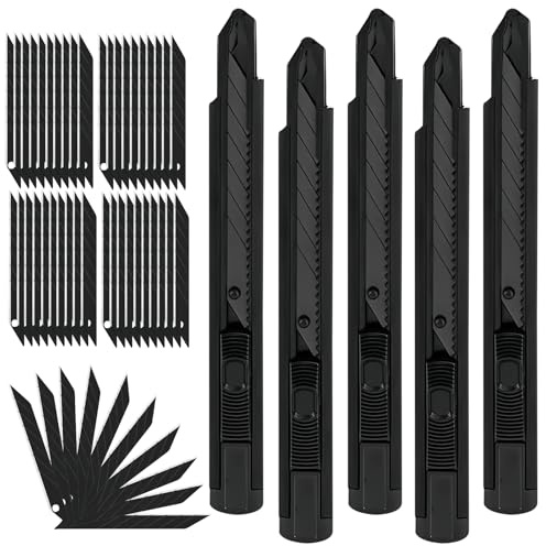 WANDGU Cuttermesser 9mm Set: 5 Stück Profi Cuttermesser mit 50 Ersatzklingen, Robustes Teppichmesser mit Sicherheitslock & Abbrechklinge, Tragbares Mehrzweck Messer für Heimwerker, Karton