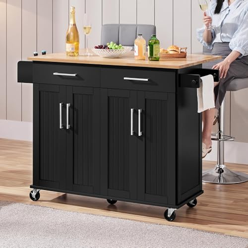 Yaheetech Kitchen Island Cart with Drop Leaf, 49 Rolling Island Table with Storage, Drawer, Kitchen Cart with Rubberwood Top, Detachable Towel & Spice Rack, Black
