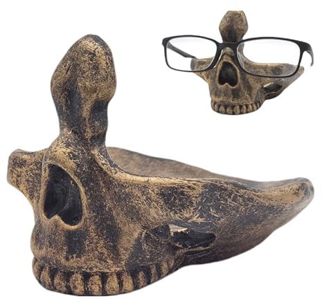 PLUSHCEWT Totenkopf Brillenständer Halter Neuheit Brillenhalter Harz Schädel Brillenhalter Stand mit Aufbewahrungsfach Schlüsselhalter für Nachttisch Eingangsbereich Home Office Dekor Geschenk