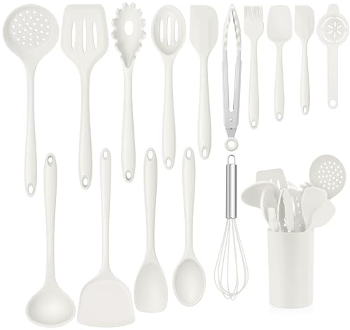 Homikit Lot de 16 ustensiles de cuisine en silicone, résistants à la chaleur, blancs, avec porte-ustensiles, sains et antiadhésifs, passent au lave-vaisselle