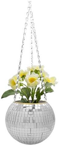 Disco Ball Planter Globe Shape Hanging Basket Vase Flower Planter Pots Rope Hanging Wall Home Dec Vase Container Room Decoration(Silver,15cm)