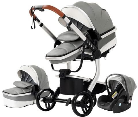 NADDLILY Trio PU-läder, 3-i-1-barnvagn/barnvagn med dubbelsidigt tryck, trevägs barnvagn med tillbehör, barnvagn för spädbarn med bärbar design, vikbar, ett klick (518)