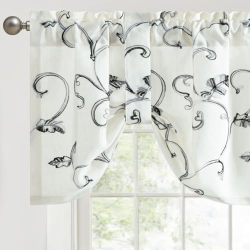 VOGOL Grey Vine Tie Up Window Valance, Embroidered Plant Design Kitchen Valance, Adjustable Farmhouse Rod Pocket Easy Care Short Drapes for Cafe Bedroom, 52×18, 1 Panel