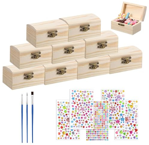 Holzkiste Klein, 10 Stück Schatztruhe aus Holz, 9 x 5,5 x 5cm Holz Schmuckkästchen mit Verriegelungsverschluss, Klein Rechteckige Holzkiste, mit 5 Diamant Aufklebern und 3 Pinsel, für Aufbewahrung