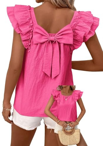 TUUHAW Camiseta Mujer Verano Manga Corta T-Shirt Lazo Blusa Elegante | Manga Corta T-Shirt con Lazo, Blusa Elegante para Verano Suelto, Tops Casual Túnica con Cuello Redondo, Mangas De Volantes