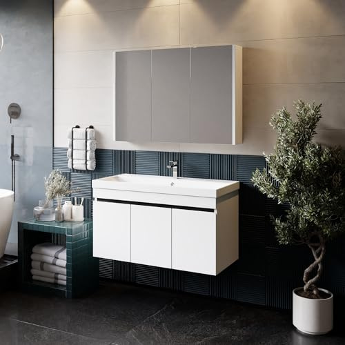 KAREN banyo Badmöbel Weiß | Badmöbelset mit Waschbecken | Waschtisch mit Unterschrank | Keramikwaschbecken | Spiegelschrank | Unterschrank | Badkombination 3 er Set (Venus 100)