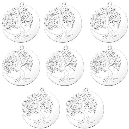 Beebeecraft 1 Scatola da 8 Pezzi con Ciondoli A Forma di Albero della Vita per La Creazione di Gioielli 304 ciondoli Pendenti A Forma di Albero con Luna in Acciaio Inossidabile per Collane Fai da Te