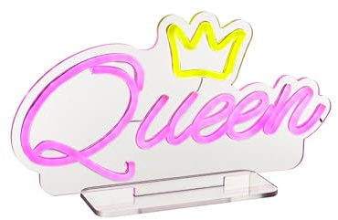 Baroni Home Lampada Queen, Lampada LED Decorativa Effetto Neon con Scritta Queen, Luce da Tavolo Rosa con Cavo USB 1,8m, Perfetta per Soggiorno, Cameretta e Atmosfera, 35x8x19 cm