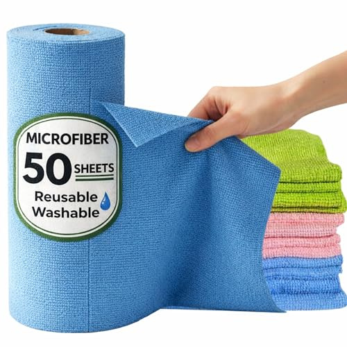 Simple Choice Microfiber Cleaning Cloth Roll – 50 Tear-Away Sheets, 100+ Washes Reusable Towels, Super Absorbent, Lint-Free Paper Towel Alternative for Kitchen, Home & Car (Blue)
