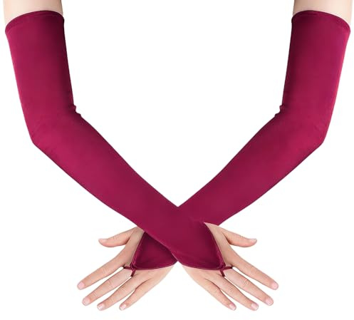Sepheo 1 Paar Lange Satin Handschuhe für Damen Ca. 48cm,Fingerlos Abendhandschuhe Weich Gloves aus Stoff,Elegant Kostüm Accessoires für Frauen Braut Hochzeit Oper Ball Karneval Party,Rot