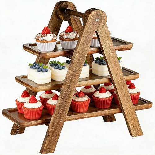 3 Tier Wooden Cake Stand, Detachable Serving Tray, Rustic Cupcake Stand | Tiered Charcuterie Board for Party Wedding Christmas Display Desserts Fruits Cheese
