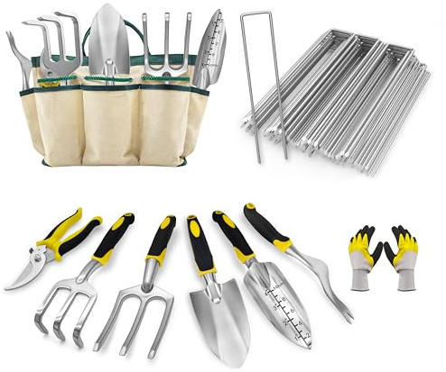 Ensemble de Jardinage 8 Pièces avec Agrafes de Jardin (50) - Kit d'Outils à Main Ergonomiques et Piquets en U pour Fixation de Gazon Synthétique, Toile de Paillage et Clôture