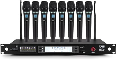 Pyle Wireless Microphone System | 8-Channel Microphone Set with 8 UHF Handheld Microphones | Cordless Mics with 100 Selectable Frequencies | 300 ft Range for Singing, Church, Meetings, & Live Events