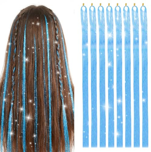 8 Packungen blaues haarsträhnen, 120 cm langes hair tinsel für Kinder, Mädchen und Frauen, glitzer haarsträhnen für Karneval und Cosplay